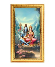 Lord Shiva And Parvati Digital Golden Color Photo Frame | Hindu Religious Wall Decor | 10x17 Inches - Inspirational Wall Art For Office, Home Decor - Ideal Spiritual Gift (F10199)