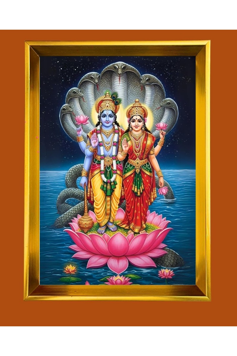 Lord Vishnu & Lakhsmi Golden Photo Frame - 10x14 Inches | Elegant Wooden Frame For Home, Office & Temple Decoration | Spiritual Wall & Table Decor and Gift Item