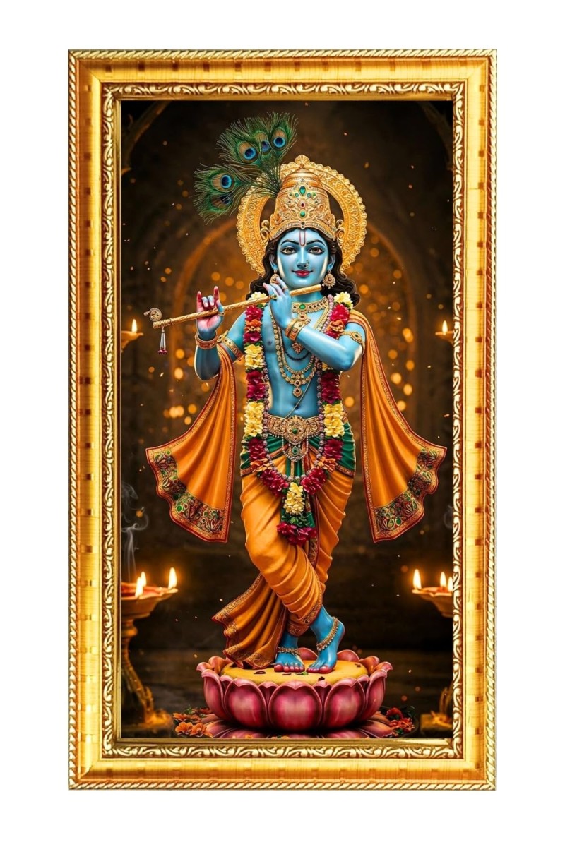 Little Krishna Digital Golden Color Photo Frame | Hindu Religious Wall Decor | 8x15 Inches - Inspirational Wall Art For Office, Home Decor - Ideal Spiritual Gift (F10280)