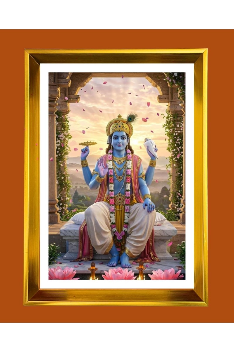 Lord Vishnu Golden Photo Frame - 16x20 Inches | Elegant Wooden Frame For Home, Office & Temple Decoration | Spiritual Wall & Table Decor And Gift Item (F9418)