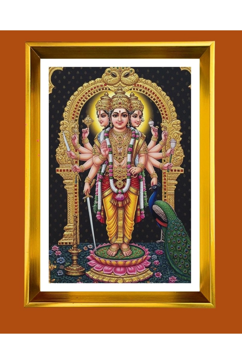 Lord Murugaan Golden Photo Frame - 10x14 Inches | Elegant Wooden Frame For Home, Office & Temple Decoration | Spiritual Wall & Table Decor and Gift Item