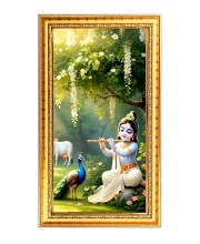 Divine Krishna Digital Golden Color Photo Frame | Hindu Religious Wall Decor | 10x17 Inches - Inspirational Wall Art For Office, Home Decor - Ideal Spiritual Gift (F10309)