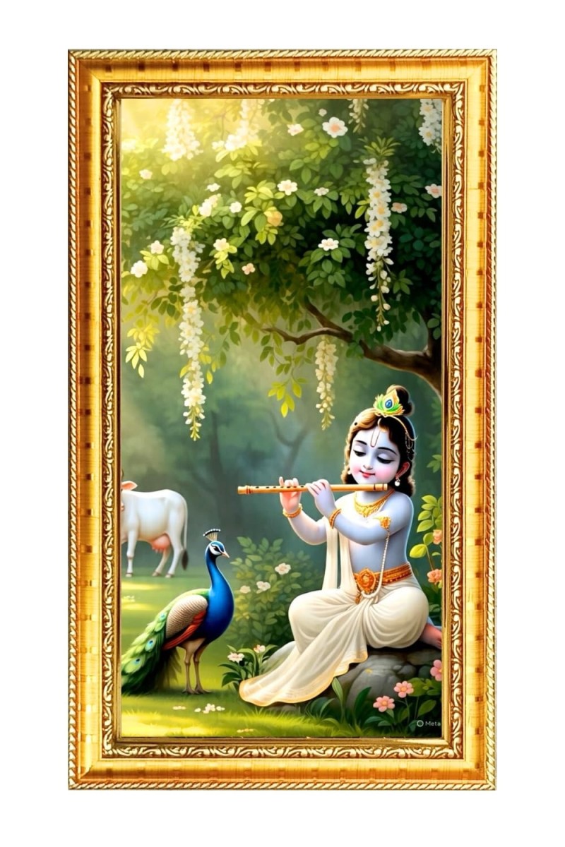 Divine Krishna Digital Golden Color Photo Frame | Hindu Religious Wall Decor | 8x15 Inches - Inspirational Wall Art For Office, Home Decor - Ideal Spiritual Gift (F10309)