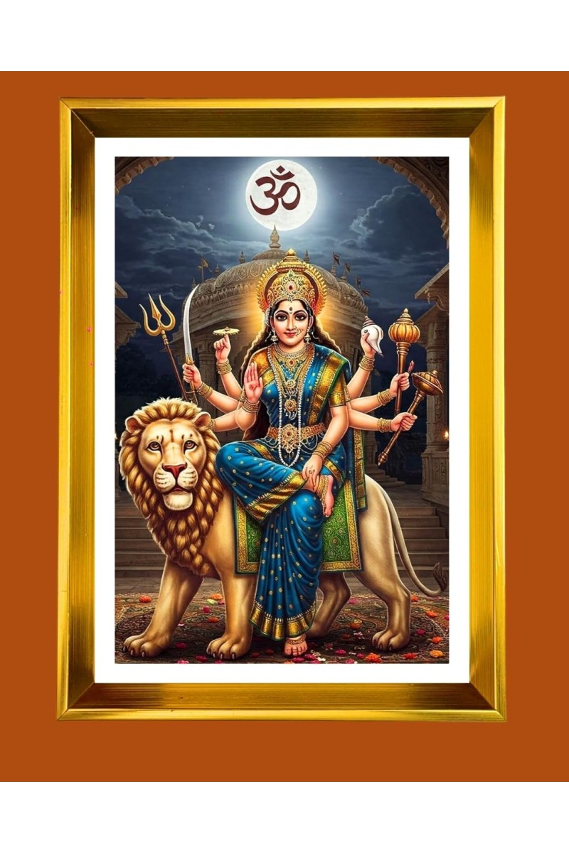 Mata Durga Golden Photo Frame - 10x14 Inches | Elegant Wooden Frame For Home, Office & Temple Decoration | Spiritual Wall & Table Decor and Gift Item