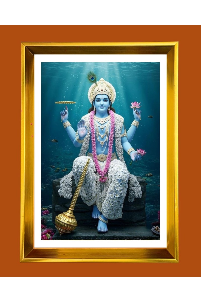 Lord Vishnu Golden Photo Frame - 16x20 Inches | Elegant Wooden Frame For Home, Office & Temple Decoration | Spiritual Wall & Table Decor And Gift Item (F9441)