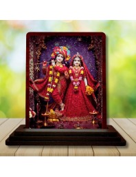 Car Desk/Table Top Radha Krishna Wooden Photo Stand 3x4 Inches, Compact & Stylish Spiritual Display For Car, Home & Office (Pack Of 1) (F14225)