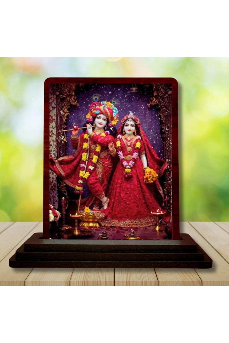 Car Desk/Table Top Radha Krishna Wooden Photo Stand 3x4 Inches, Compact & Stylish Spiritual Display For Car, Home & Office (Pack Of 1) (F14225)