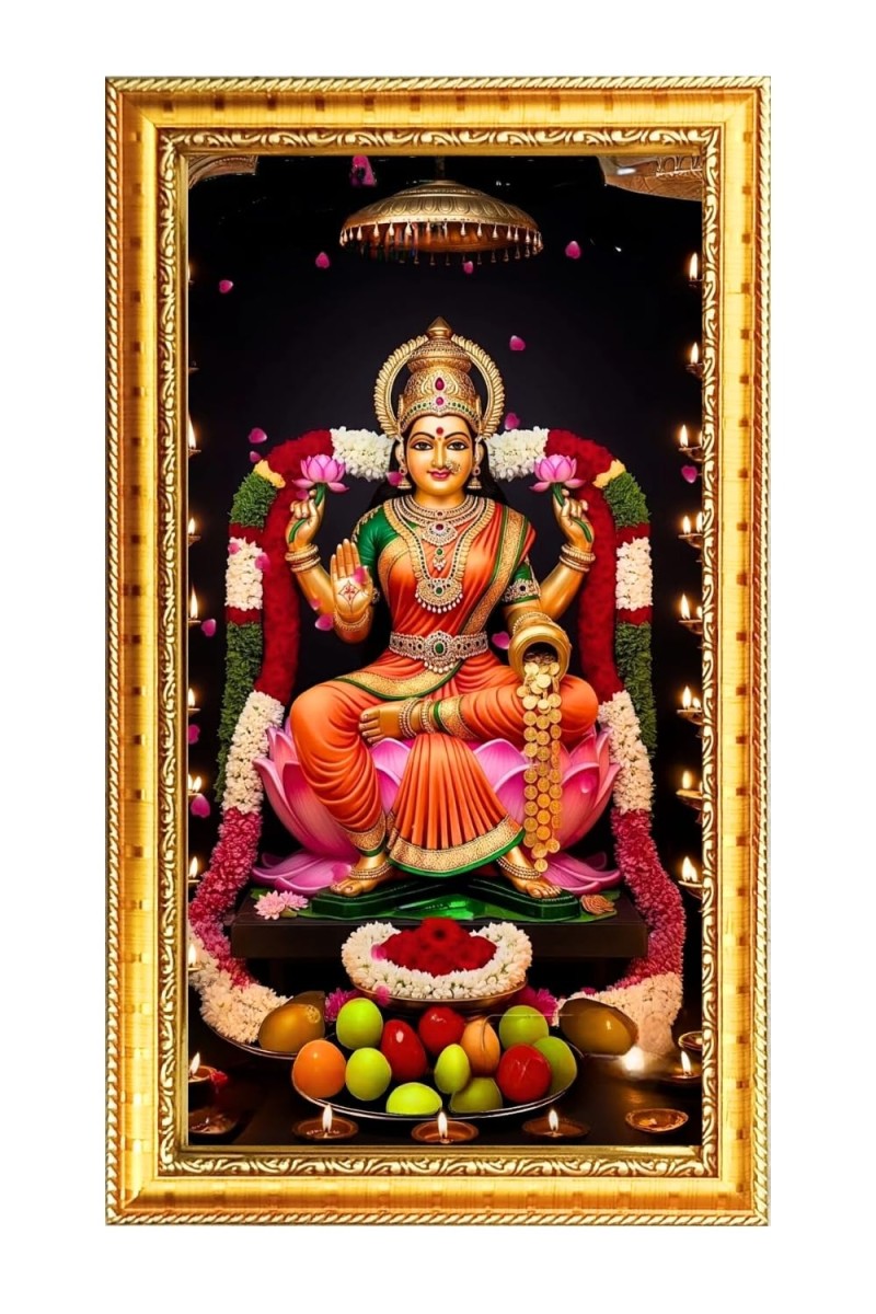 Mata Lakhsmi Digital Golden Color Photo Frame | Hindu Religious Wall Decor | 10x17 Inches - Inspirational Wall Art For Office, Home Decor - Ideal Spiritual Gift (F10239)