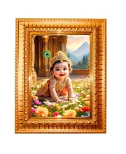 Baby Krishna Golden Designer Photo Frame | 10x14 Inch Religious Wall Hanging Frame For Home & Office Decoration | Hindu Deity Baby Krishna Spiritual Gift Item