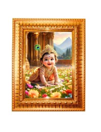 Baby Krishna Golden Designer Photo Frame | 18x22 Inch Religious Wall Hanging Frame For Home & Office Decoration | Hindu Deity Spiritual Gift Item