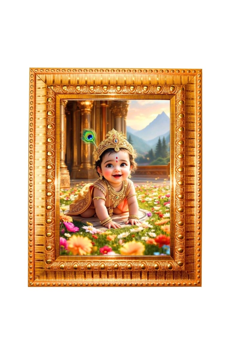 Baby Krishna Golden Designer Photo Frame | 10x14 Inch Religious Wall Hanging Frame For Home & Office Decoration | Hindu Deity Baby Krishna Spiritual Gift Item