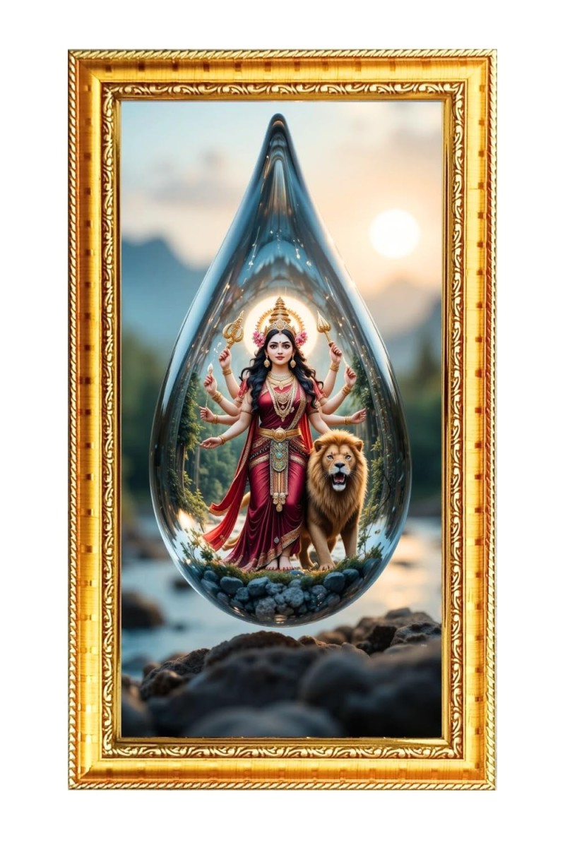 Devi Durga Digital Golden Color Photo Frame | Hindu Religious Wall Decor | 10x17 Inches - Inspirational Wall Art For Office, Home Decor - Ideal Spiritual Gift (F10376)
