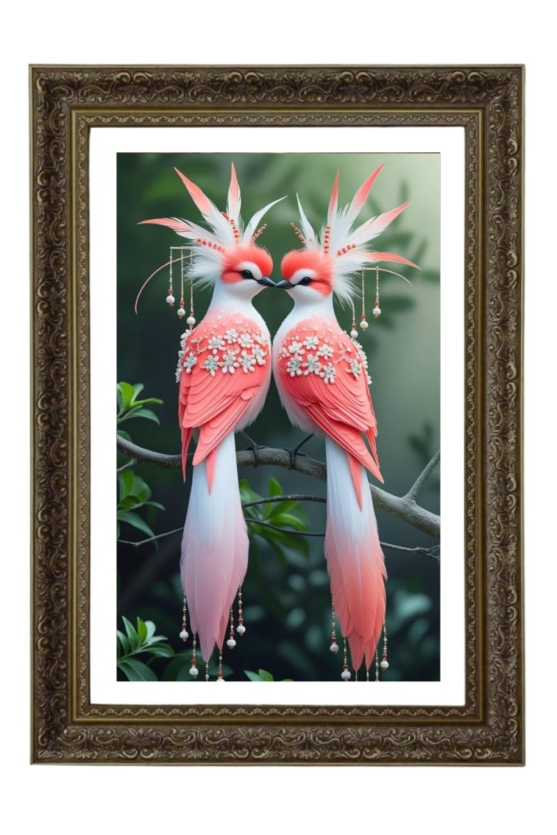 Two Crimson-crested Fantasy Birds Big Photo Frame - 20x28 Inches For Home,Temple & Office Decoration (F10748)