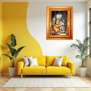 Krishna Leela Golden Designer Photo Frame | 16x20 Inch Religious Wall Hanging Frame For Home & Office Decoration | Hindu Deity Spiritual Gift Item