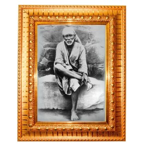 Shirdi Sai Baba Golden Designer Photo Frame | 16x20 Inch Religious Wall Hanging Frame For Home & Office Decoration | Hindu Deity Spiritual Gift Item