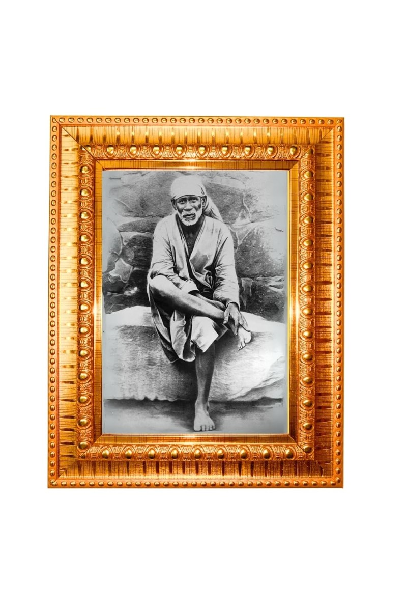 Shirdi Sai Baba Golden Designer Photo Frame | 18x22 Inch Religious Wall Hanging Frame For Home & Office Decoration | Hindu Deity Spiritual Gift Item