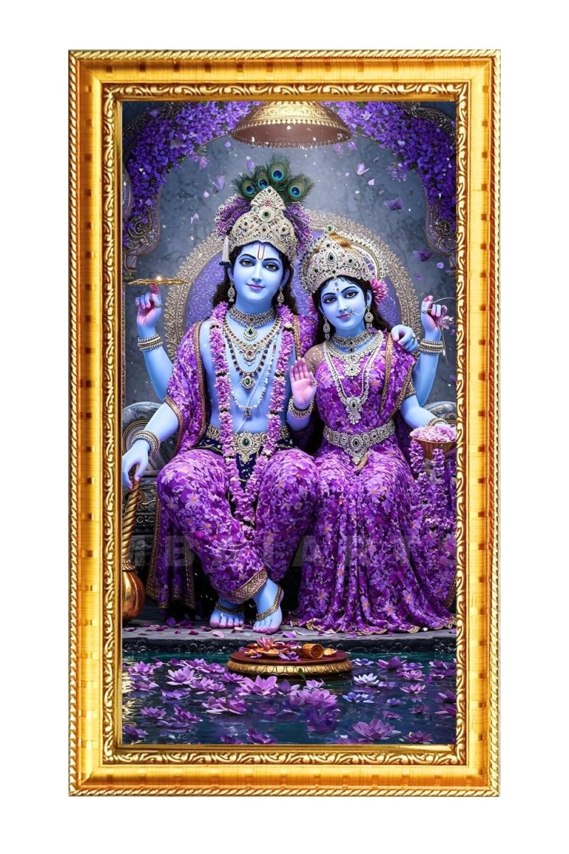 Lakhsmi & Narayan Digital Golden Color Photo Frame | Hindu Religious Wall Decor | 12x19 Inches - Inspirational Wall Art For Office, Home Decor - Ideal Spiritual Gift (F10220)