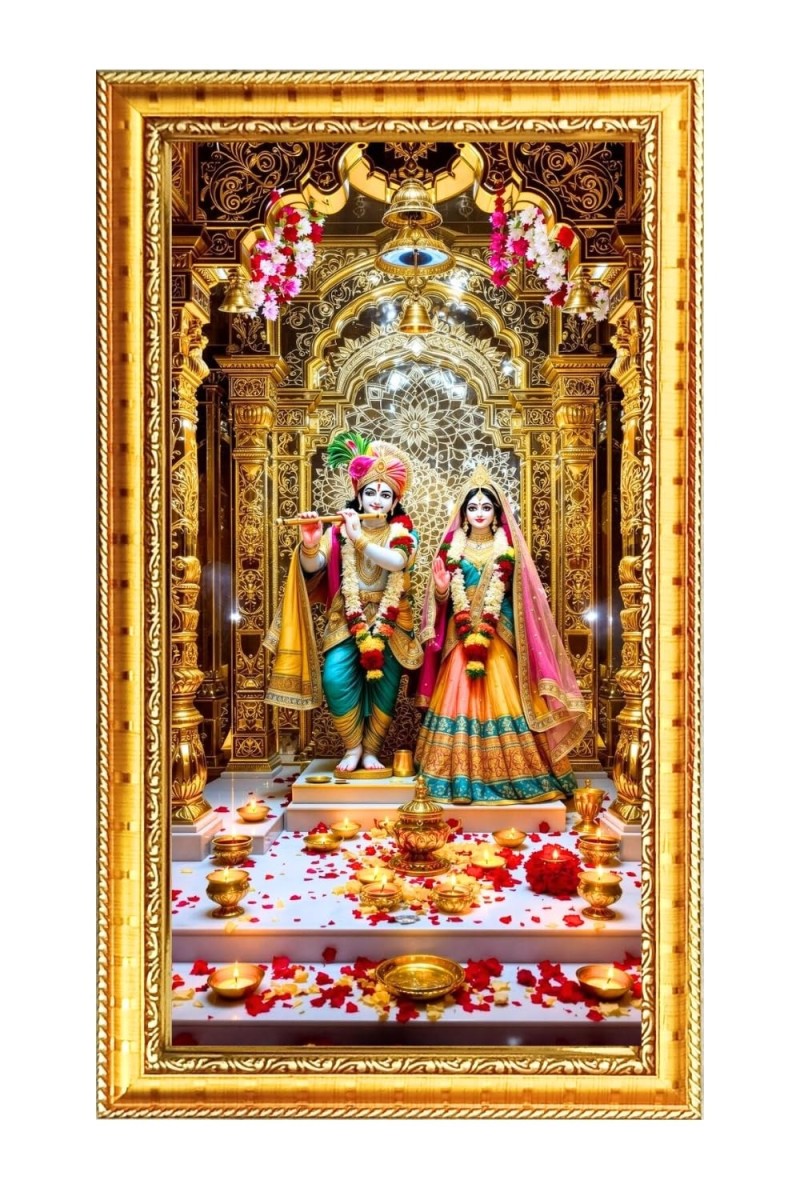 Divine Krishna And Radha Rani Digital Golden Color Photo Frame | Hindu Religious Wall Decor | 10x17 Inches - Inspirational Wall Art For Office, Home Decor - Ideal Spiritual Gift (F10248)