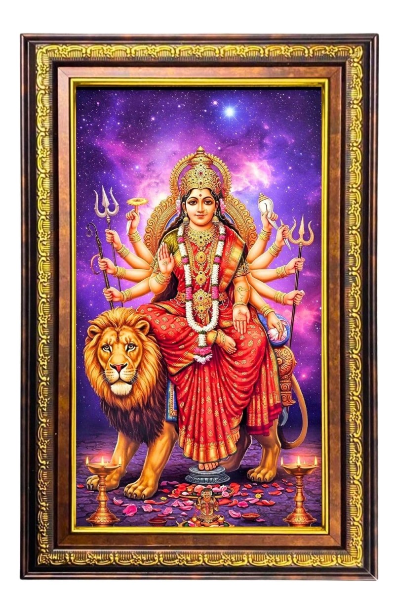 Goddess Durga Digital Golden Balck Color Photo Frame | Hindu Religious Wall Decor | 10x16 Inches - Inspirational Wall Art For Office, Home Decor - Ideal Spiritual Gift (F16553)