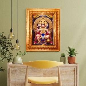 Panchamukhi Hanuman Golden Designer Photo Frame | 10x14 Inch Religious Wall Hanging Frame For Home & Office Decoration | Hindu Deity Spiritual Gift Item