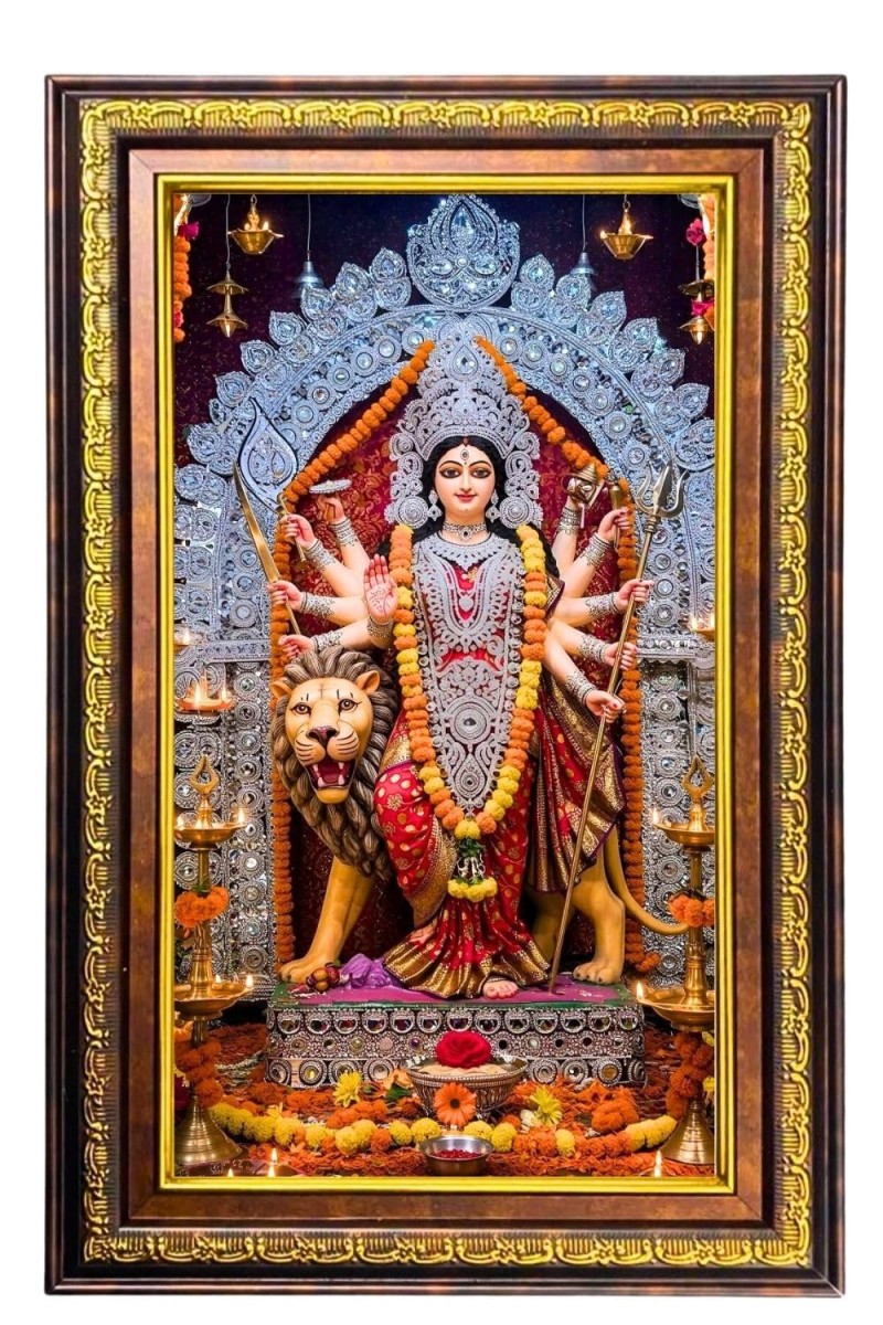 Goddess Durga Digital Golden Balck Color Photo Frame | Hindu Religious Wall Decor | 10x16 Inches - Inspirational Wall Art For Office, Home Decor - Ideal Spiritual Gift (F16907)
