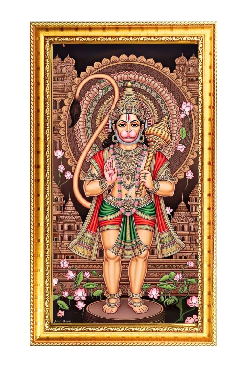 Lord Hanuman Digital Golden Color Photo Frame | Hindu Religious Wall Decor | 10x17 Inches - Inspirational Wall Art For Office, Home Decor - Ideal Spiritual Gift (F10250)