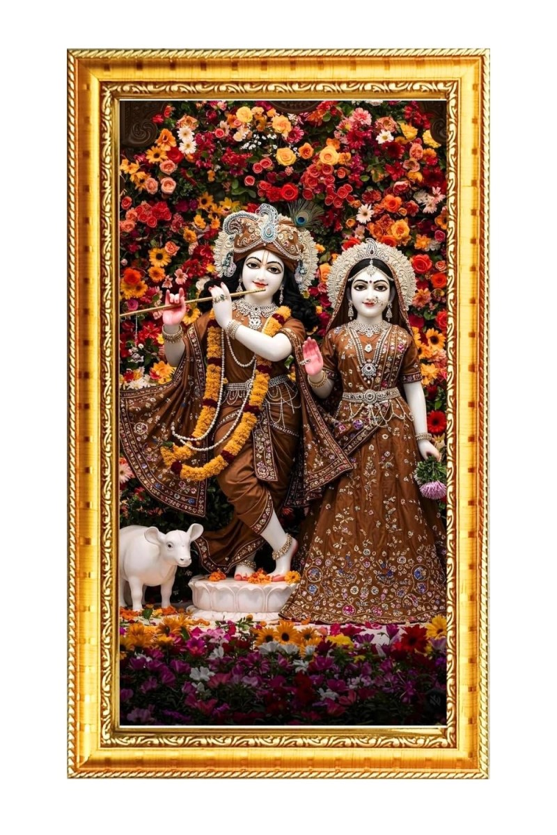 Divine Radha Krishna Digital Golden Color Photo Frame | Hindu Religious Wall Decor | 12x19 Inches - Inspirational Wall Art For Office, Home Decor - Ideal Spiritual Gift (F10262)