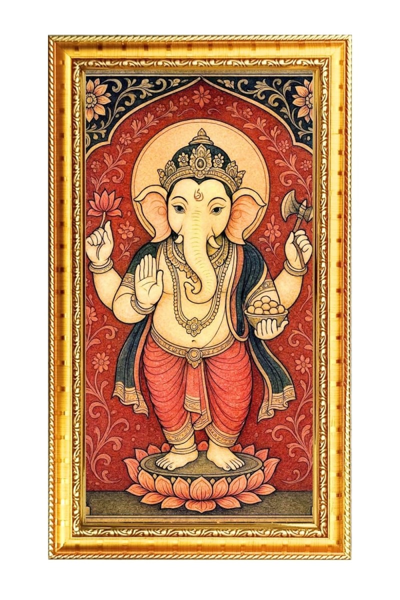 Lord Ganesh Digital Golden Color Photo Frame | Hindu Religious Wall Decor | 12x19 Inches - Inspirational Wall Art For Office, Home Decor - Ideal Spiritual Gift (F10307)