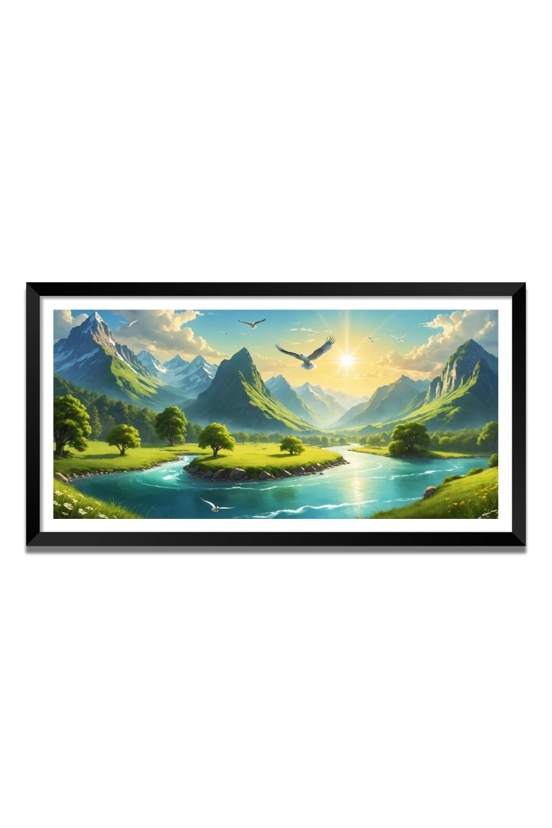Nature Landscape Floating Frame Scenery Digital Print - (I5587) - 12x24 inch Modern Nature Wall Art for Living Room, Bedroom, Office, Hotels, Drawing Room