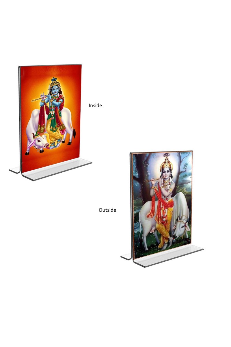 Car Desk/Table Top Sri Krishna With Cow Acrylic T-Style Photo Stand - 2.5x3.5 Inches, Compact and Stylish Spiritual Display, easily change 2 photos (Pack of 1)
