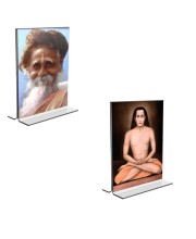 Car Desk/Table Top Sri Onkarnath Thakur and Sri Babbaji Acrylic T-Style Photo Stand - 2.5x3.5 Inches, Compact and Stylish Spiritual Display, easily change 2 photos (Pack of 1)