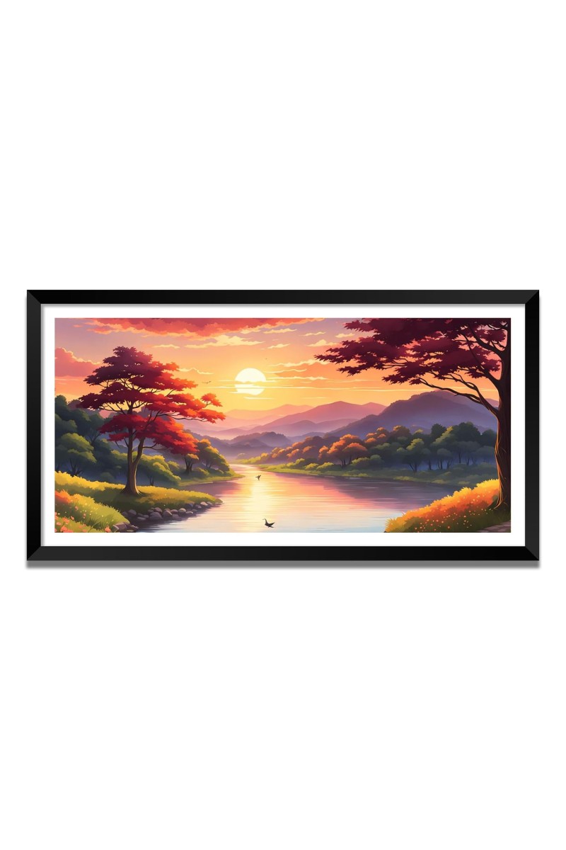 Nature Landscape Floating Frame Scenery Digital Print - (I5772) - 12x24 inch Modern Nature Wall Art for Living Room, Bedroom, Office, Hotels, Drawing Room
