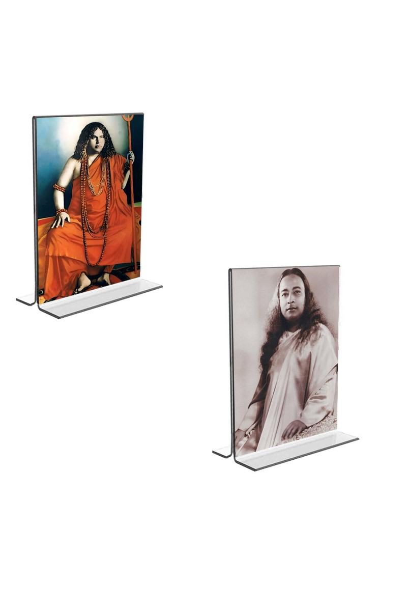 Car Desk/Table Top Sri Sri Pranabananda and Sri Sri Yogadananda Acrylic T-Style Photo Stand - 2.5x3.5 Inches, Compact and Stylish Spiritual Display, easily change 2 photos (Pack of 1)