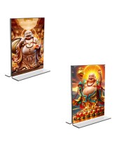 Car Desk/Table Top Laughing Buddha Acrylic T-Style Photo Stand - 2.5x3.5 Inches, Compact and Stylish Spiritual Display, easily change 2 photos (Pack of 1)