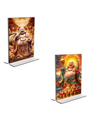 Car Desk/Table Top Laughing Buddha Acrylic T-Style Photo Stand - 2.5x3.5 Inches, Compact and Stylish Spiritual Display, easily change 2 photos (Pack of 1)