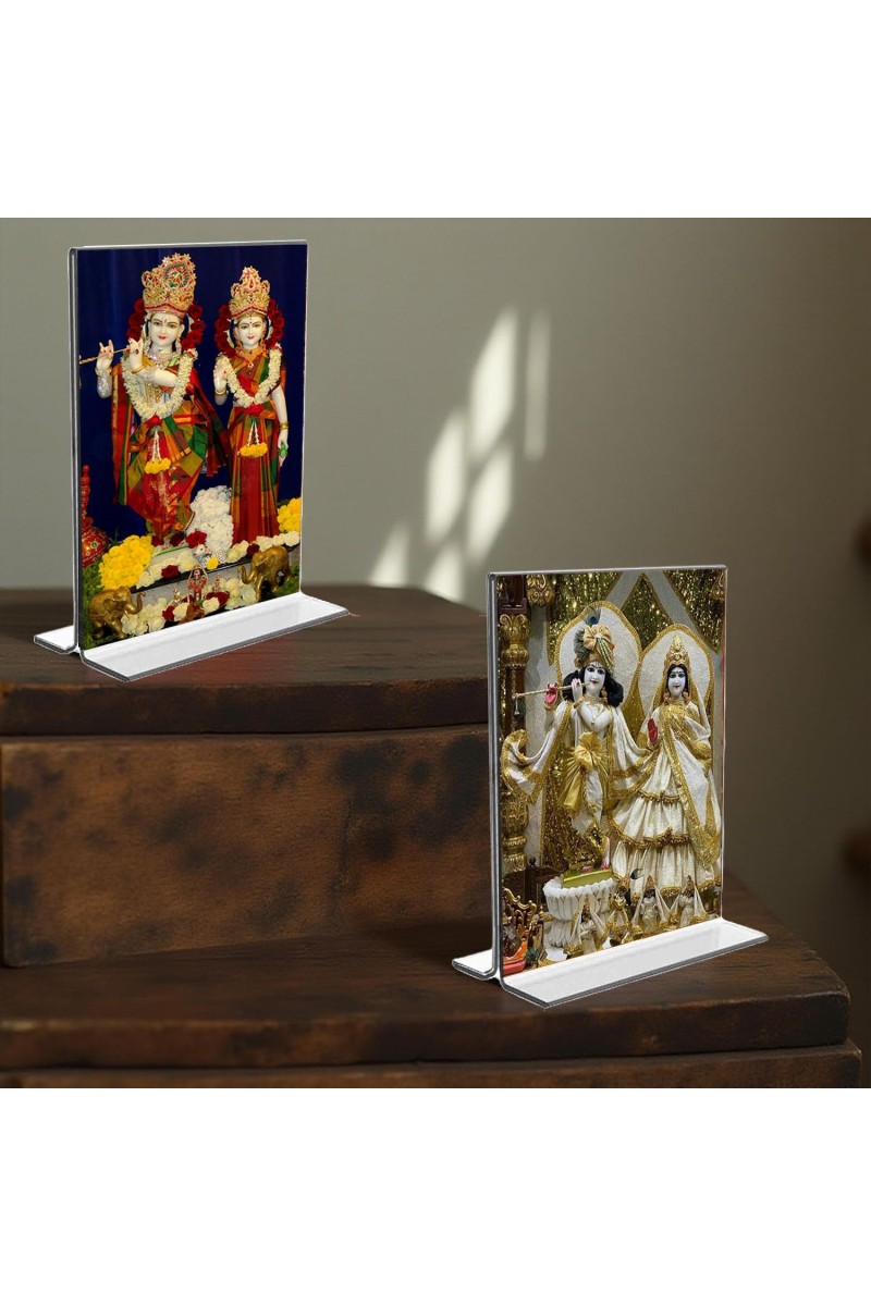 Sri Krishna and Sri Radha Acrylic T-Style Photo Stand, Compact and Stylish Spiritual Display, easily change 2 photos (Pack of 1)