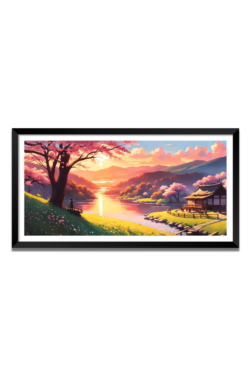 Nature Landscape Floating Frame Scenery Digital Print - (I5785) - 24x48 inch Modern Nature Wall Art for Living Room, Bedroom, Office, Hotels, Drawing Room