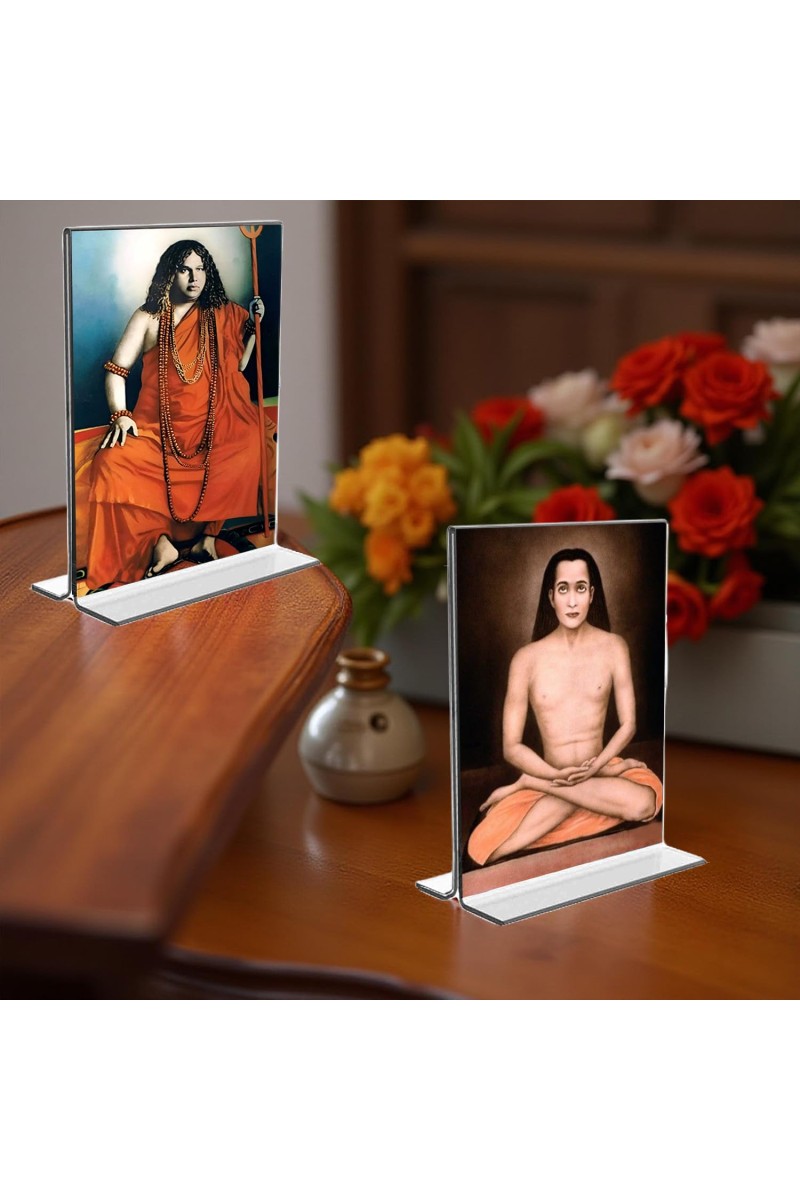Sri Sri Pranabananda and Sri Babbaji Acrylic T-Style Photo Stand, Compact and Stylish Spiritual Display, easily change 2 photos (Pack of 1)