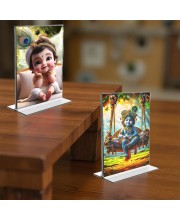 Bal Gopal Sri Krishna Acrylic T-Style Photo Stand - 11x13 Inches, Compact and Stylish Spiritual Display, easily change 2 photos (Pack of 1)