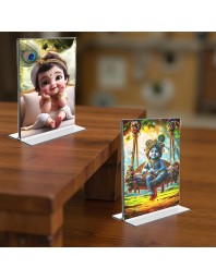 Bal Gopal Sri Krishna Acrylic T-Style Photo Stand - 9x11 Inches, Compact and Stylish Spiritual Display, easily change 2 photos (Pack of 1)