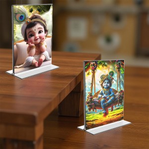 Bal Gopal Sri Krishna Acrylic T-Style Photo Stand - 7x9 Inches, Compact and Stylish Spiritual Display, easily change 2 photos (Pack of 1)