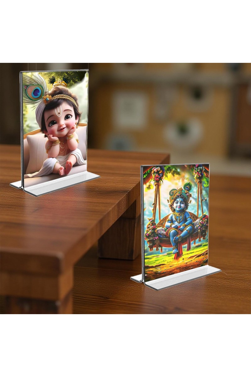 Bal Gopal Sri Krishna Acrylic T-Style Photo Stand - 11x13 Inches, Compact and Stylish Spiritual Display, easily change 2 photos (Pack of 1)