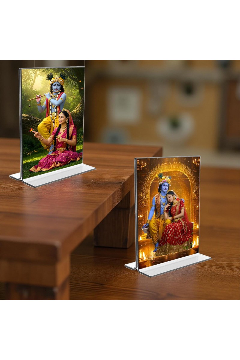 Sri Krishna and Sri Radha Acrylic T-Style Photo Stand, Compact and Stylish Spiritual Display, easily change 2 photos (Pack of 1)