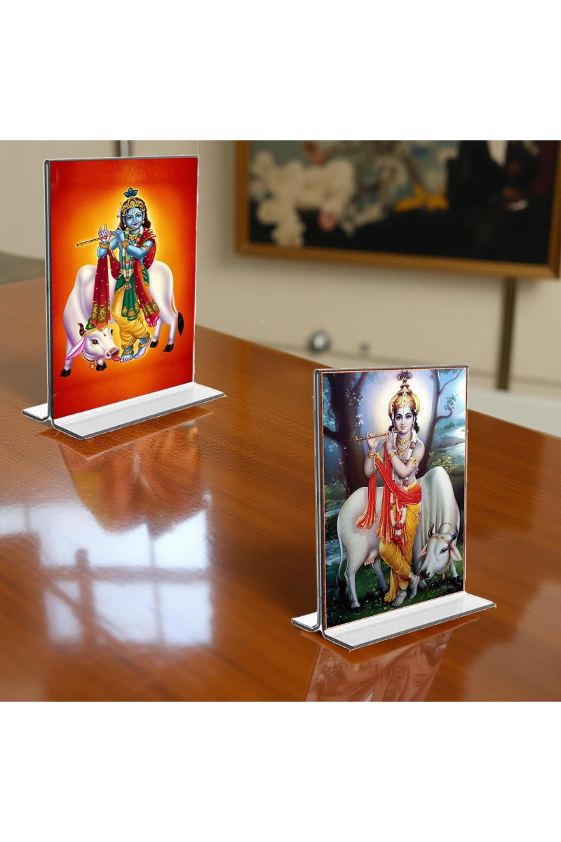 Sri Krishna With Cow Acrylic T-Style Photo Stand - 11x13 Inches, Compact and Stylish Spiritual Display, easily change 2 photos (Pack of 1)