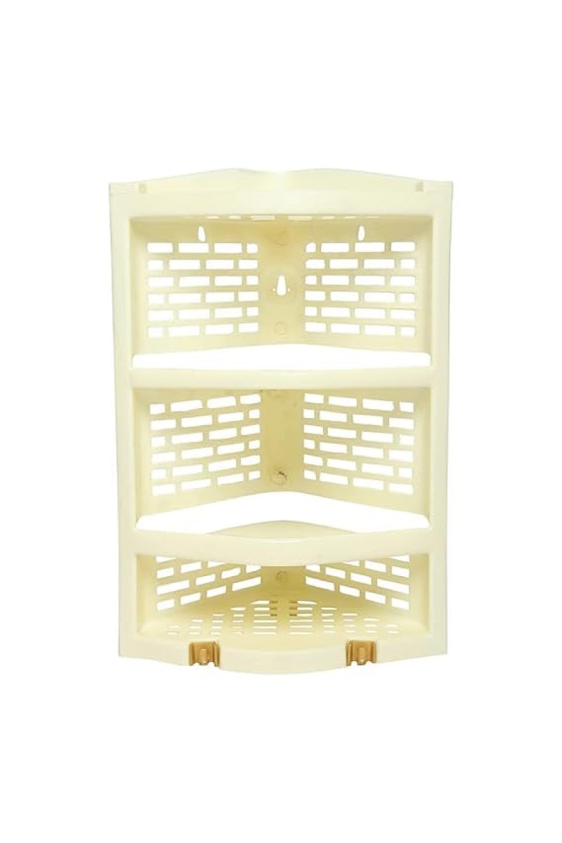 Multipurpose Wall-Mounted Plastic Corner Shelf | 3 - Layer Storage Rack for Kitchen, Bathroom, Living Room - Beige (1 Pc)