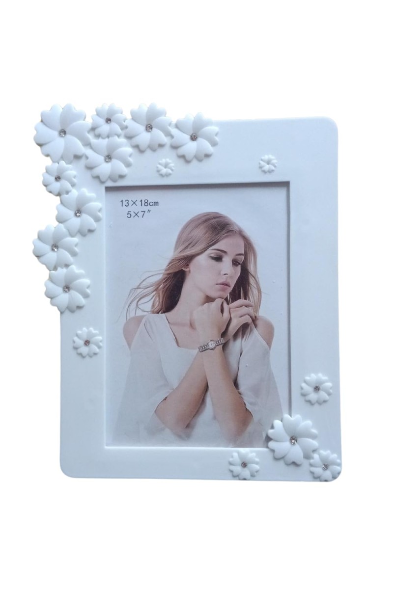 Hitech Sales Decorative Tabletop Photo Frame for Home Decor | White Floral Design Frame (5x7 Inch) | Elegant Picture Frame for Wedding, Anniversary, Birthday Gift