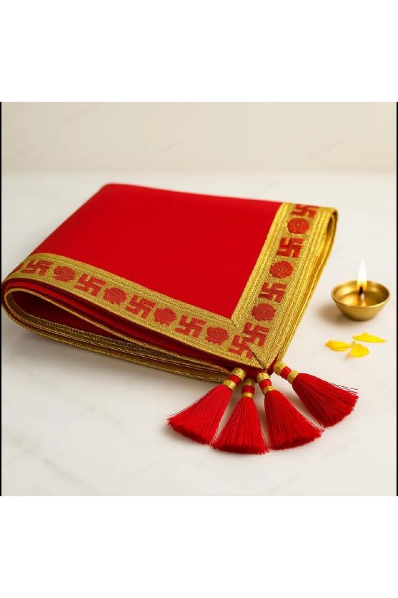 Traditional Red Puja Cloth with Golden Border & Swastik Design | Temple Aasan for Pooja & Festivals Pack of 2
