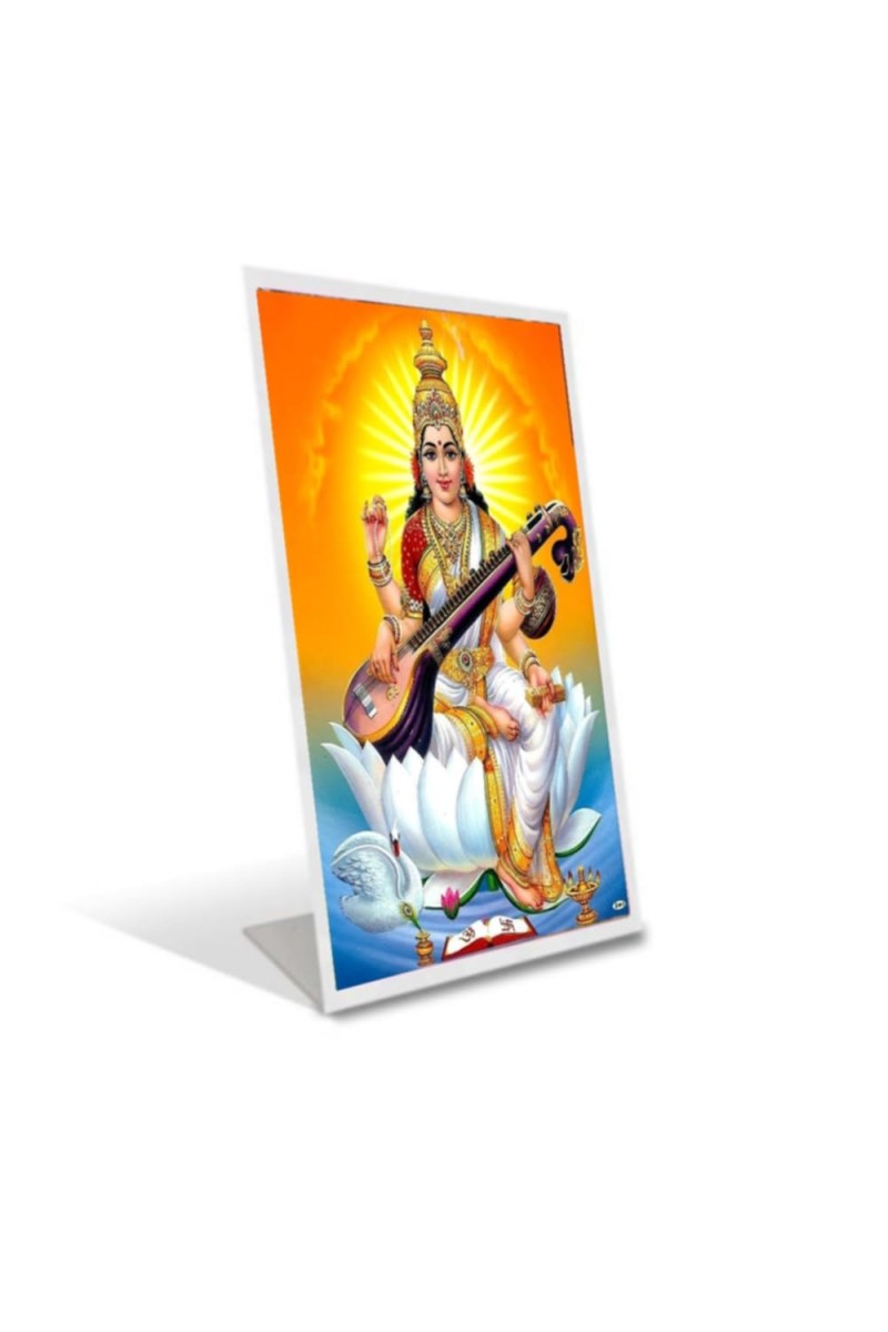 Car Desk/Table Top Maa Saraswati Acrylic L-Style Photo Stand - 5x7 Inches, Compact And Stylish Spiritual Display (F6700)