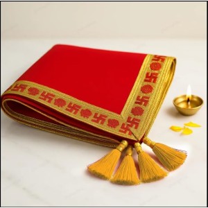 Traditional Red Puja Cloth with Golden Border & Swastik Design | Temple Aasan for Pooja & Festivals Pack of 2 Traditional Red Puja Cloth with Golden Border & Swastik Design | Temple Aasan for Pooja & Festivals Pack of 2