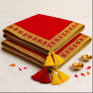 Traditional Red Puja Cloth with Golden Border & Swastik Design | Temple Aasan for Pooja & Festivals Pack of 2 Traditional Red Puja Cloth with Golden Border & Swastik Design | Temple Aasan for Pooja & Festivals Pack of 2